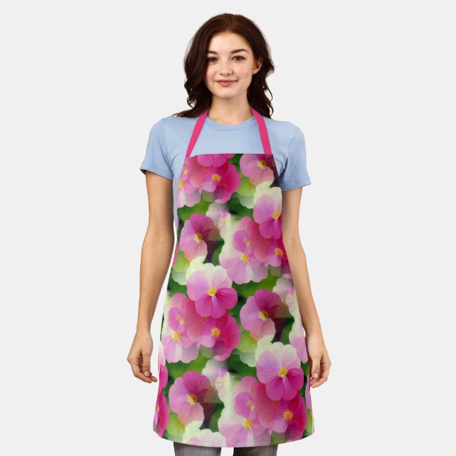 Elegant Pink & White Impatiens Flower Pattern Apron (Worn)