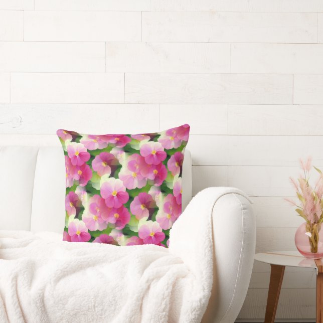 Elegant Pink & White Impatiens Flower Pattern Cushion (Couch)
