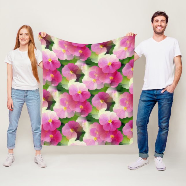 Elegant Pink & White Impatiens Flower Pattern Fleece Blanket (In Situ)