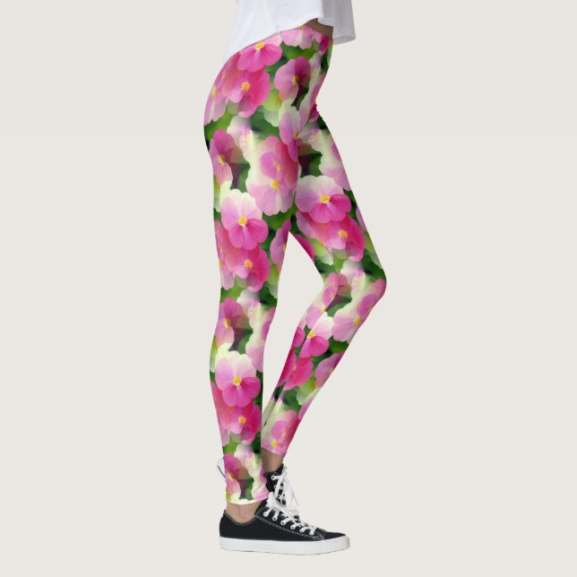 Elegant Pink & White Impatiens Flower Pattern Leggings (Right)