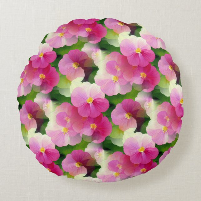 Elegant Pink & White Impatiens Flower Pattern Round Cushion (Front)