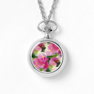 Elegant Pink & White Impatiens Flower Pattern Watch