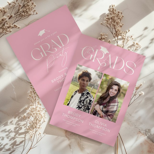 Elegant Pink & White Joint Graduation Party Photo Invitation (Creator Uploaded)