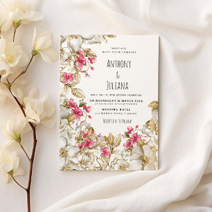 Elegant pink white luxury gold floral Wedding Invitation