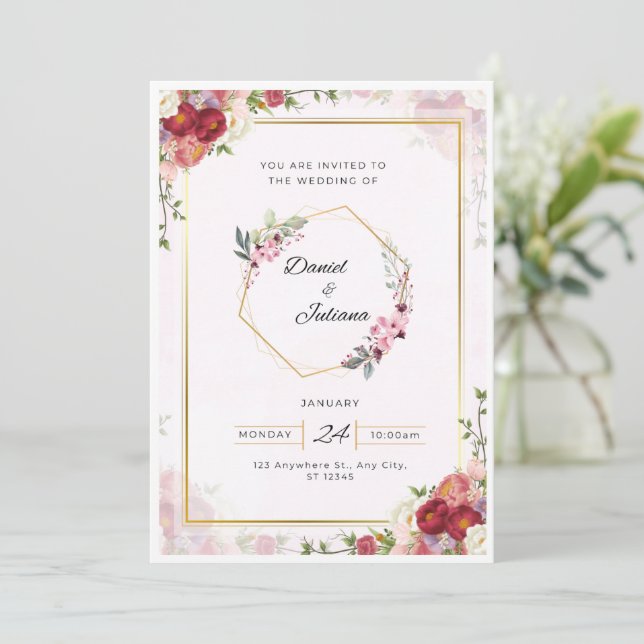 Elegant Pink & White Modern Wedding Invitation (Standing Front)