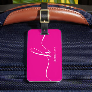 Elegant Pink White Monogram Initial Script Name  Luggage Tag