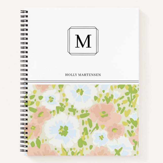 Elegant Pink White Monogram Watercolor Flowers Notebook (Front)