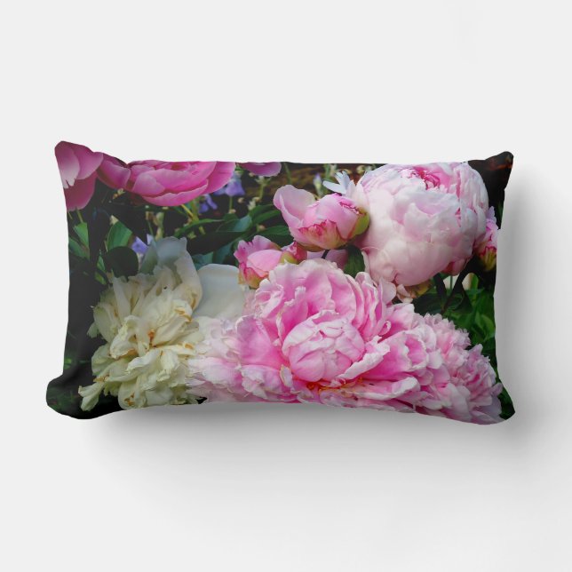 Elegant pink white peony floral garden photo lumbar cushion (Front)