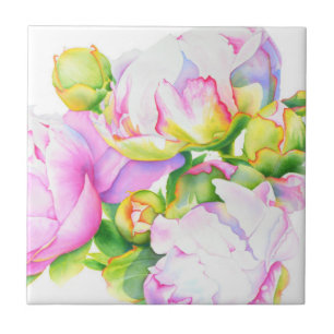Elegant pink white peony floral watercolor tile