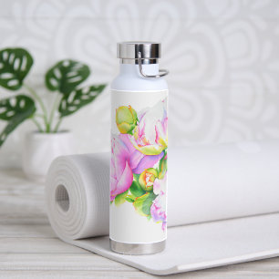 Elegant pink white peony floral watercolor water bottle