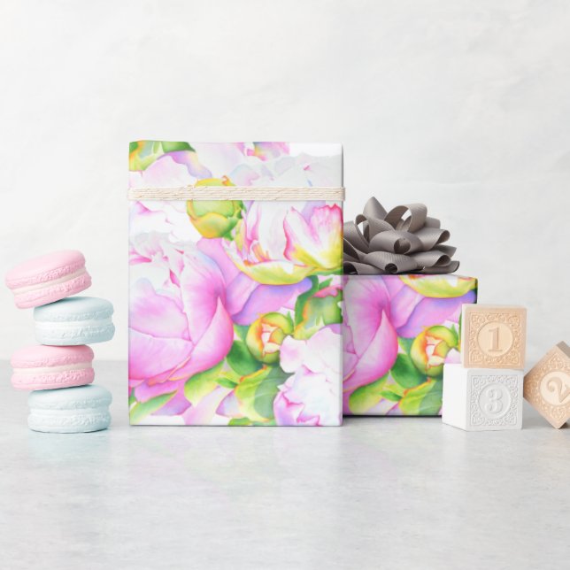 Elegant pink white peony floral watercolor wrapping paper (Baby Shower)