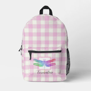 Elegant pink white plaid dragonfly personalise  printed backpack