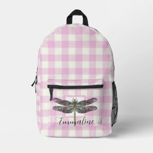 Elegant pink white plaid dragonfly personalise  printed backpack