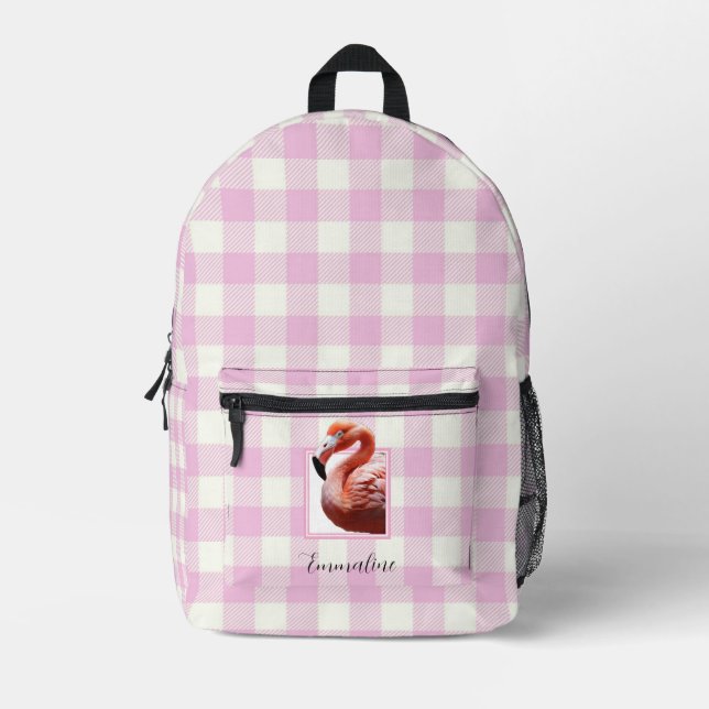 Elegant pink white plaid flamingo personalise  printed backpack (Front)