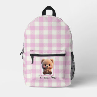Elegant pink white plaid teddy bear personalise  printed backpack