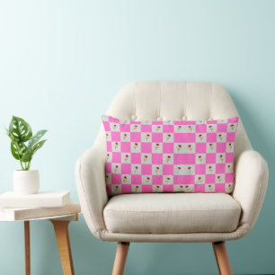 Elegant  Pink & White Plaid With Flower   Lumbar Cushion