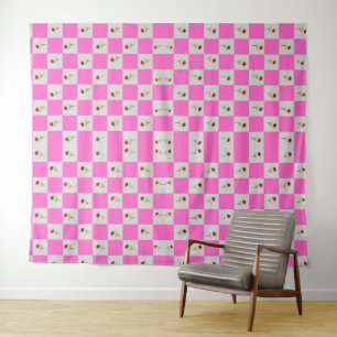 Elegant  Pink &White Plaid With Flower Pattern Tapestry