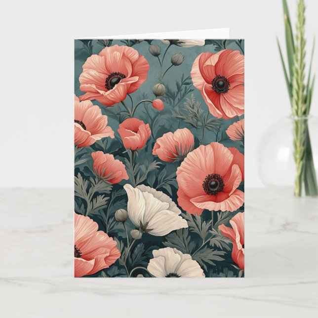 Elegant Pink White Red Poppies Dark Leaves Floral Card (Front)
