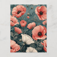 Elegant Pink White Red Poppies Dark Leaves Floral