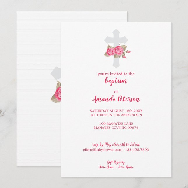 Elegant Pink & White Roses Baptism Invitation (Front/Back)