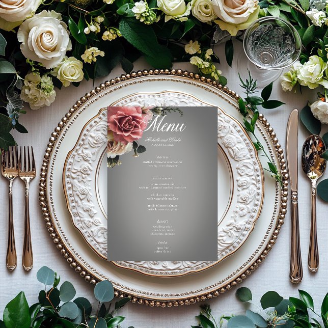 Elegant Pink White Roses Floral Grey Wedding Menu (Creator Uploaded)