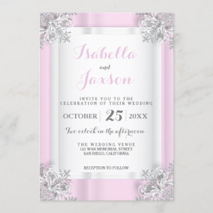 Elegant Pink & White Satin with Silver Ornate Invitation