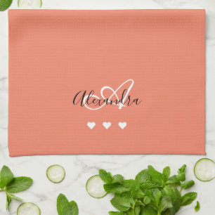 Elegant Pink White Script Name Monogram Tea Towel