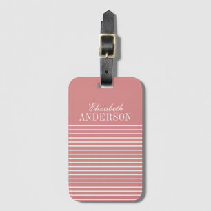 Elegant Pink White Striped Monogram Script Luggage Tag