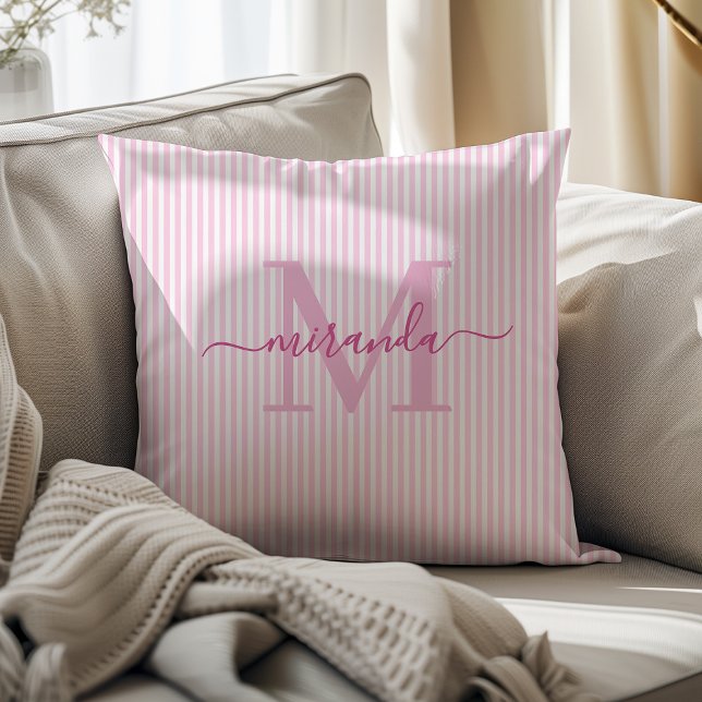 Elegant Pink & White Stripes Monogram Name Cushion (Creator Uploaded)