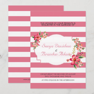 Elegant Pink & White Stripes With Bouquet Wedding Invitation