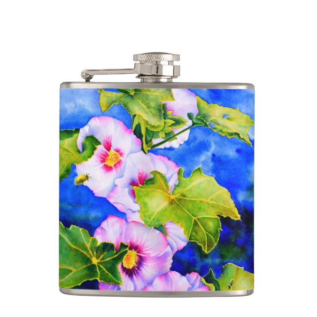 Elegant pink white watercolor floral garden hip flask (Front)