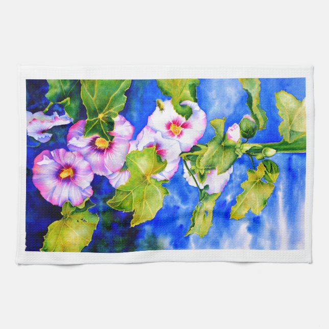 Elegant pink white watercolor floral garden tea towel (Horizontal)