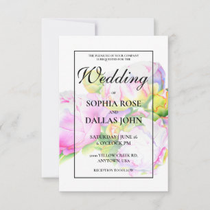 Elegant pink white watercolor peonies invitation