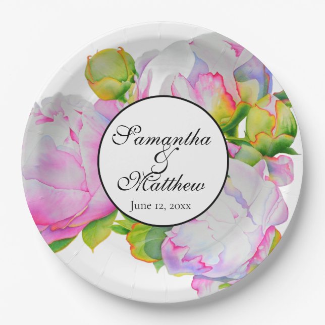 Elegant pink white watercolor peony floral  paper plate (Front)
