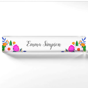 Elegant Pink White & Yellow Flowers Nameplate