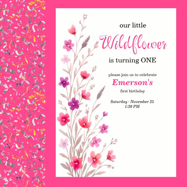 Elegant Pink Wildflower 1st Birthday Party Invitation (Creator Uploaded)