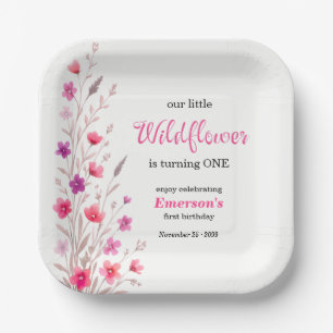 Elegant Pink Wildflower 1st Birthday Party Paper Plate