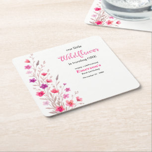 Elegant Pink Wildflower 1st Birthday Party Square Paper Coaster