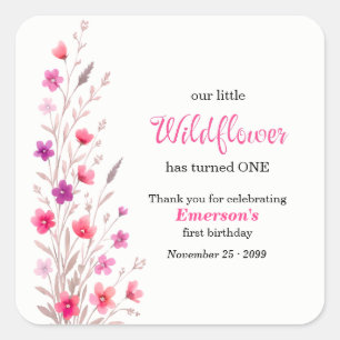 Elegant Pink  Wildflower 1st Birthday Party Square Sticker