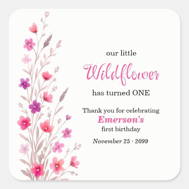 Elegant Pink  Wildflower 1st Birthday Party Square Sticker (Front)