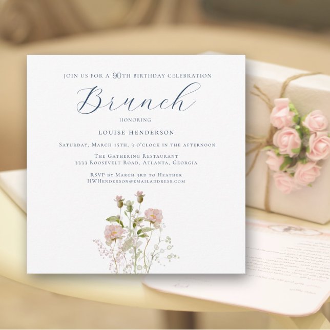 Elegant Pink Wildflower 90th Birthday Brunch Invitation (Creator Uploaded)
