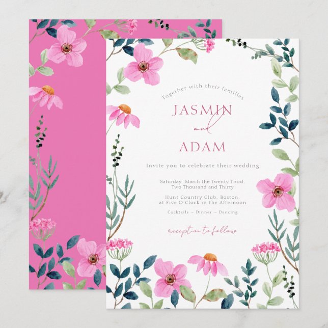Elegant Pink Wildflower Botanical Monogram Wedding Invitation (Front/Back)