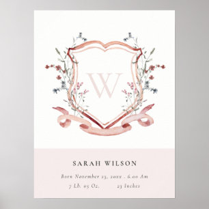 Elegant Pink Wildflower Crest Monogram Birth Stat Poster