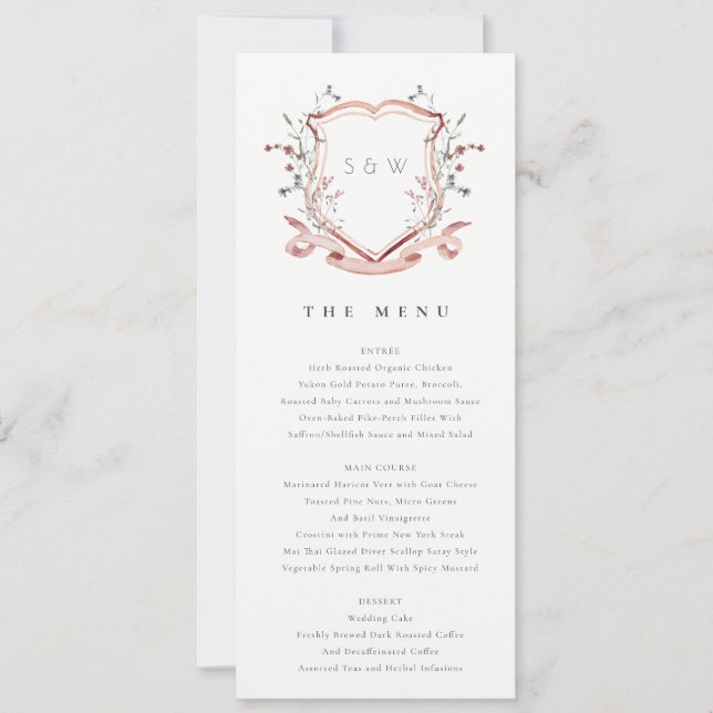 Elegant Pink Wildflower Crest Wedding Menu Card (Front)