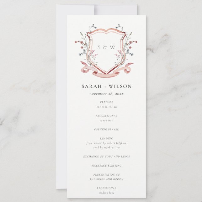 Elegant Pink Wildflower Crest Wedding Program Invitation (Front)