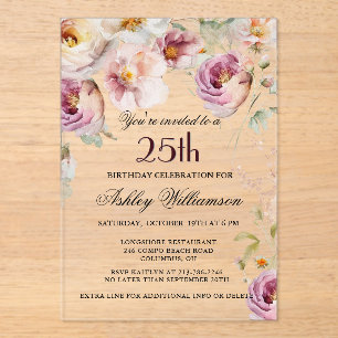 Elegant Pink Wildflower Floral 25th Birthday Party Acrylic Invitations