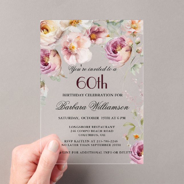 Elegant Pink Wildflower Floral 60th Birthday Party Acrylic Invitations (Insitu (Handheld))