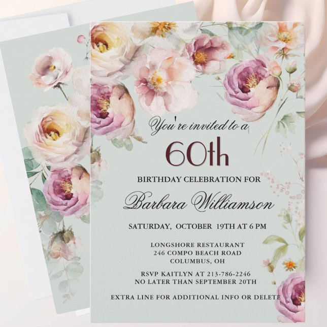 Elegant Pink Wildflower Floral 60th Birthday Party Holiday Card (Creator Uploaded)