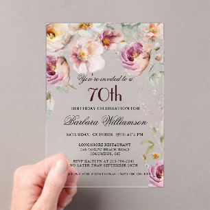 Elegant Pink Wildflower Floral 70th Birthday Party Acrylic Invitations