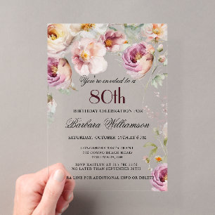 Elegant Pink Wildflower Floral 80th Birthday Party Acrylic Invitations